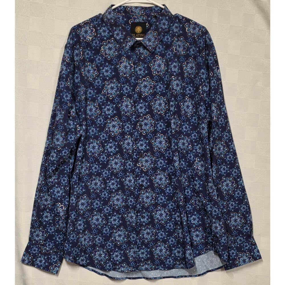 Platini Mens 2X Button Up Shirt Bold Geometric Blue Medallion Mosaic Stretch